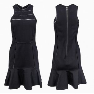 Yigal Azrourl little black dress lambskin leather piping flare‎ ruffle size 6